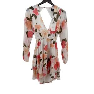 VICI Cream Multi Floral Chiffon Long Sleeve Tiered Mini Dress NVD0656B Small NEW